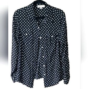Jones New York Signature Blouse Women Size L Long Sleeve Black White Polka Dot